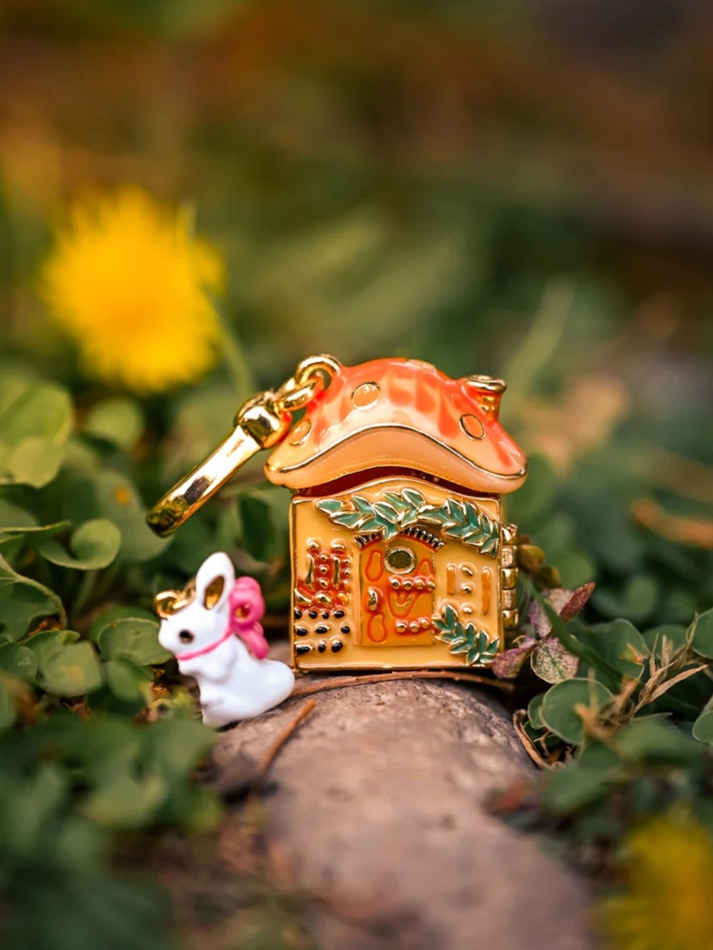 18K Gold Orange Mushroom House Cottagecore Pendant Locket Necklace